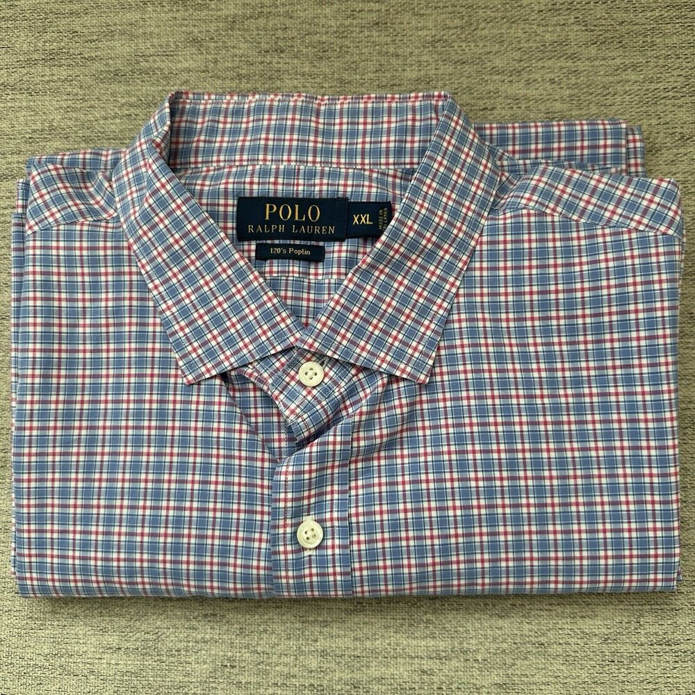 Polo Ralph Lauren Dress Shirt Men's Blue Red Plaid 120's Poplin Button Size XXL